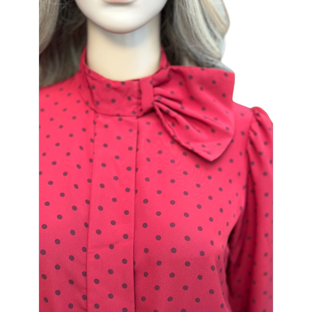SOLD Vintage 70s 80s Albert Nipon Midi Shirt Dress Red polkadot pleated small - Picture 2 of 16